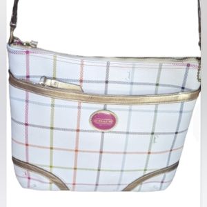 EUC Coach PVC white with multicolor Tattersall pattern gold leather adjustable